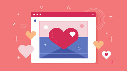 Heart symbol inside a browser window with floating hearts on a pink background in flat modern style