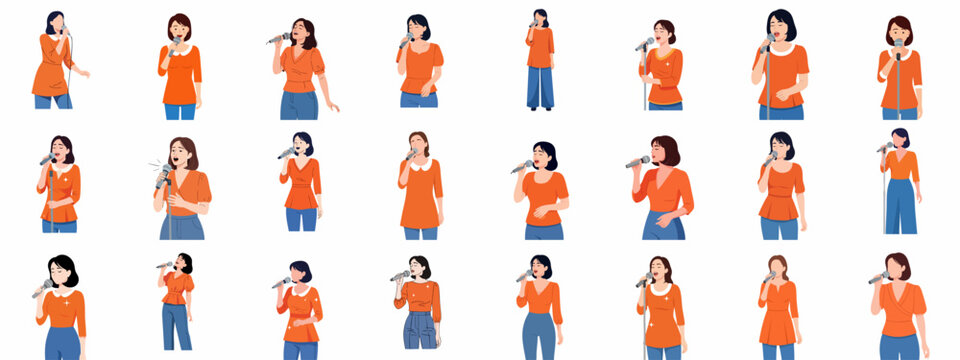 Diverse set of illustrated women singers holding microphones, showcasing various singing poses, expressions, and outfits for music performance and entertainment concepts.