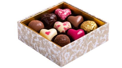 Delicious assorted chocolate candy in gift box isolated background for valentine's day presents and love celebration surprise romantic gift