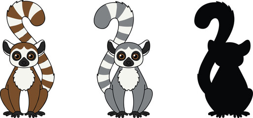 lemur, animal, cartoon, cute, mascot, character, wildlife, primate, vector, illustration, design, icon, set, silhouette, playful, cute lemur, cartoon lemur, animal 