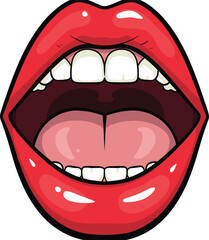 Open mouth with red lips vector illustration, teeth and tongue cartoon, expressive speech icon isolated