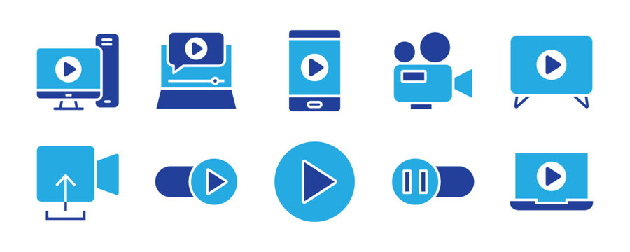 Video player icon set. Containing play or start button, pause or stop, media, camera, live, cinema, multimedia, film, handy cam, clapperboard, movie, streaming or online video. Vector illustration