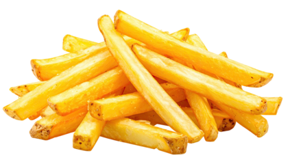 Close-up of golden-brown, crispy potato sticks on a transparent background, ready to eat