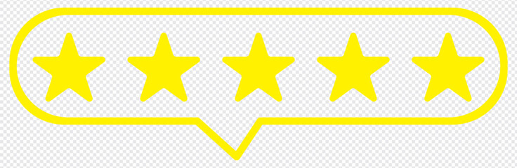  Five star rating in a speech bubble . transparent background. Line drawing speech bubble vector illustration. yellow simple vector.