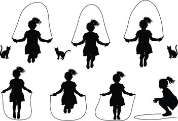 Children jump rope silhouettes set, playful kids exercising outdoor, childhood activity, fun recreation vector illustration