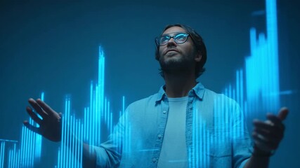 Man Interacting With Virtual Data Charts and Holographic Analytics Interface - Powered by Adobe