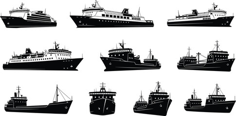 Passenger and cargo ship silhouettes set, marine vessels collection, ocean transportation industry, black vector illustration