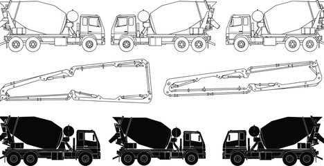 Concrete mixer truck vector set, construction cement transport vehicles, boom pump outlines and silhouettes illustration © Md Rofequl Islam