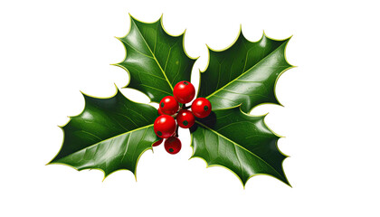 Close-up of green holly leaves with sharp edges, holding a cluster of red berries