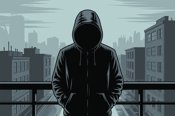 Hooded Figure Overlooking the Cityscape, mystery urban concept