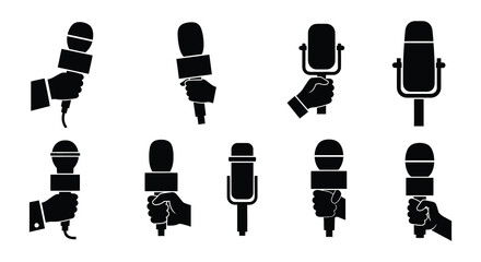 A collection of diverse microphone styles in black silhouette illustrations © nurjahan