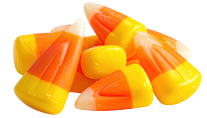 Close-up of Halloween candies, tri-colored with distinct orange, yellow, and white segments
