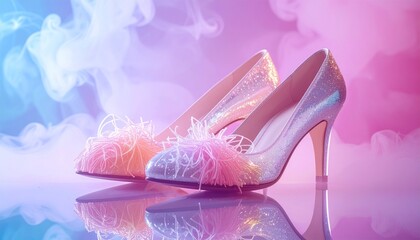 A pair of shoes made of sugar glass and spun sweets, standing on a mirrored floor.