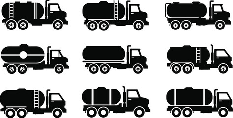 Tanker truck silhouettes set, fuel water oil transport vehicles collection, industrial logistics vector illustration icons