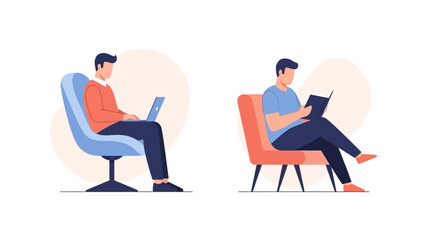Flat vector illustration of the same man in two different activities on a white background