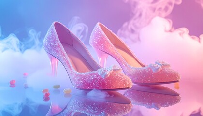 A pair of shoes made of sugar glass and spun sweets, standing on a mirrored floor.