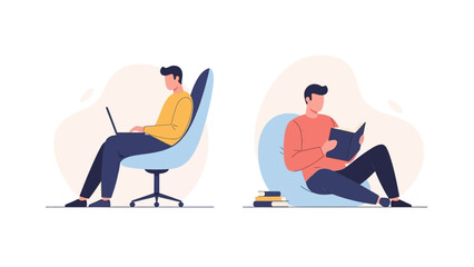 Flat vector illustration of the same man in two different activities on a white background