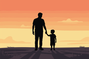Father and Son Walking Hand in Hand at Sunset, family bonding concept