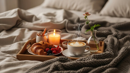 Elegant breakfast in bed wooden tray holding delicious fresh croissant berries latte art coffee 