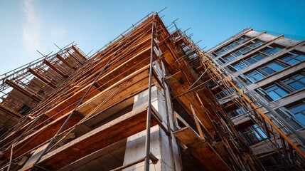 Upward view of a multi-story building under construction with scaffolding and exposed framework at sunset  