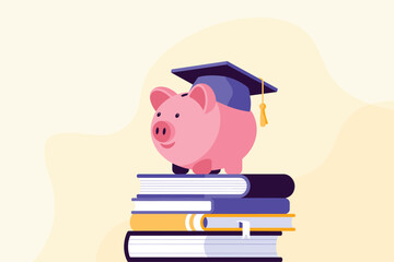 College Fund Piggy Bank on Books, education savings concept