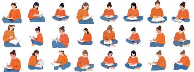 Collection of Vector Illustrations featuring Young Women Sitting and Writing in Notebooks, Representing Studying, Journaling, or Creative Work.
