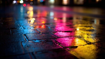 Abstract Cityscape Reflections on Wet Pavement Bricks at Night with Bokeh Lights Background