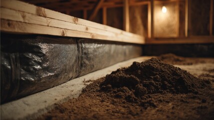 Crawl Space Encapsulation with Vapor Barrier Installation and Dirt Pile on Concrete Floor in Residential Home