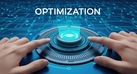 Digital Optimization Concept with Futuristic Interface, Featuring Hands Touching Central Element, Representing Technology and Innovation