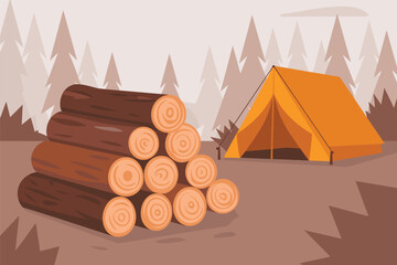 Forest Campsite with Orange Tent and Stacked Firewood, outdoor camping concept