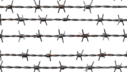 Close-up of multiple strands of rusty barbed wire, against a black background