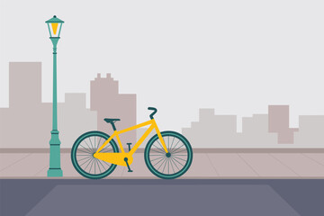Yellow Bicycle on City Sidewalk with Lamppost, urban lifestyle concept