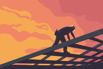 Roofer Working on a House Frame Against a Vibrant Sunset Sky, construction industry concept