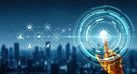 Innovative Business Technology Concept: Golden Finger Touching Digital Interface with Icons Over Abstract Cityscape