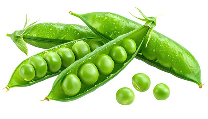 Close-up of open and closed pods filled with bright green peas, isolated on black