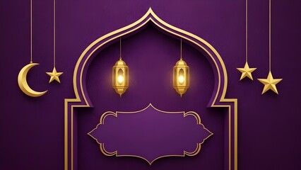 Elegant Islamic arch with lanterns and stars on purple background