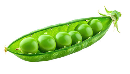 Close-up of open pea pod revealing multiple bright green peas against a dark background