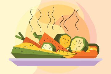 Steaming Fresh Vegetables on a Plate, healthy eating concept