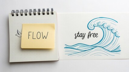 Minimal flat lay arrangement with wave drawing and Flow concept