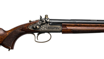 Close-up of ornate antique firearm; intricate engraving, dark wood stock, and black background