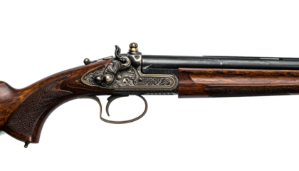 Close-up of ornate antique firearm; intricate engraving, dark wood stock, and black background