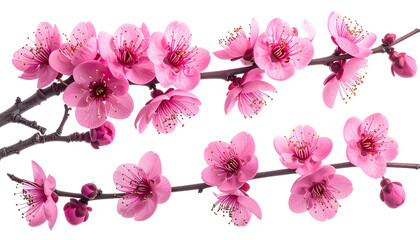 Close-up of pink cherry blossoms in full bloom against a stark black backdrop