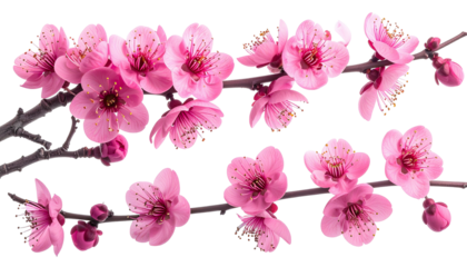Close-up of pink cherry blossoms in full bloom against a stark black backdrop