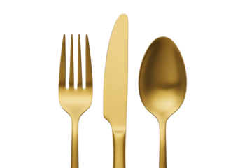 Three luxurious brushed golden metallic fork, knife, spoon, satin finish, upright on transparent background, soft studio light. Concept of high-end luxury kitchenware