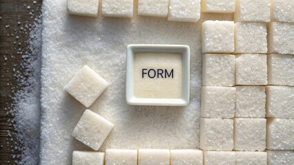 Overhead view of sugar cubes arranged around small Form label