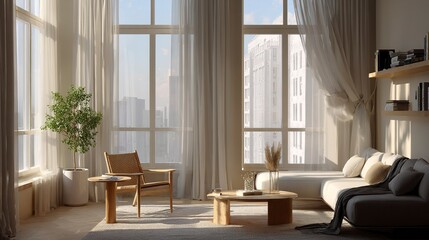 Urban apartment interior with light-filled windows, minimalist furniture, and soft-toned textiles - 3D concept art 