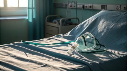 Oxygen mask resting on a hospital bed in a medical setting