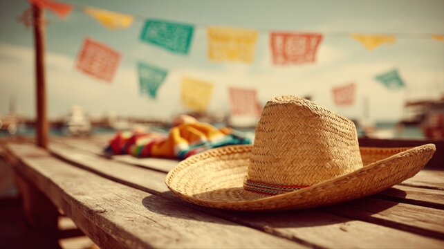 Festive Straw Sombrero on Wooden Table with Colorful Pennants for a Celebration or Mexican Holiday