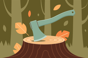 Axe in a Tree Stump in Autumn Forest, rustic outdoor concept