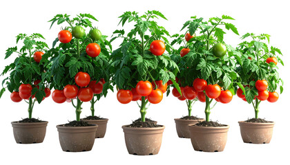 Close-up of potted tomato plants displaying ripe red fruit and vibrant green leaves